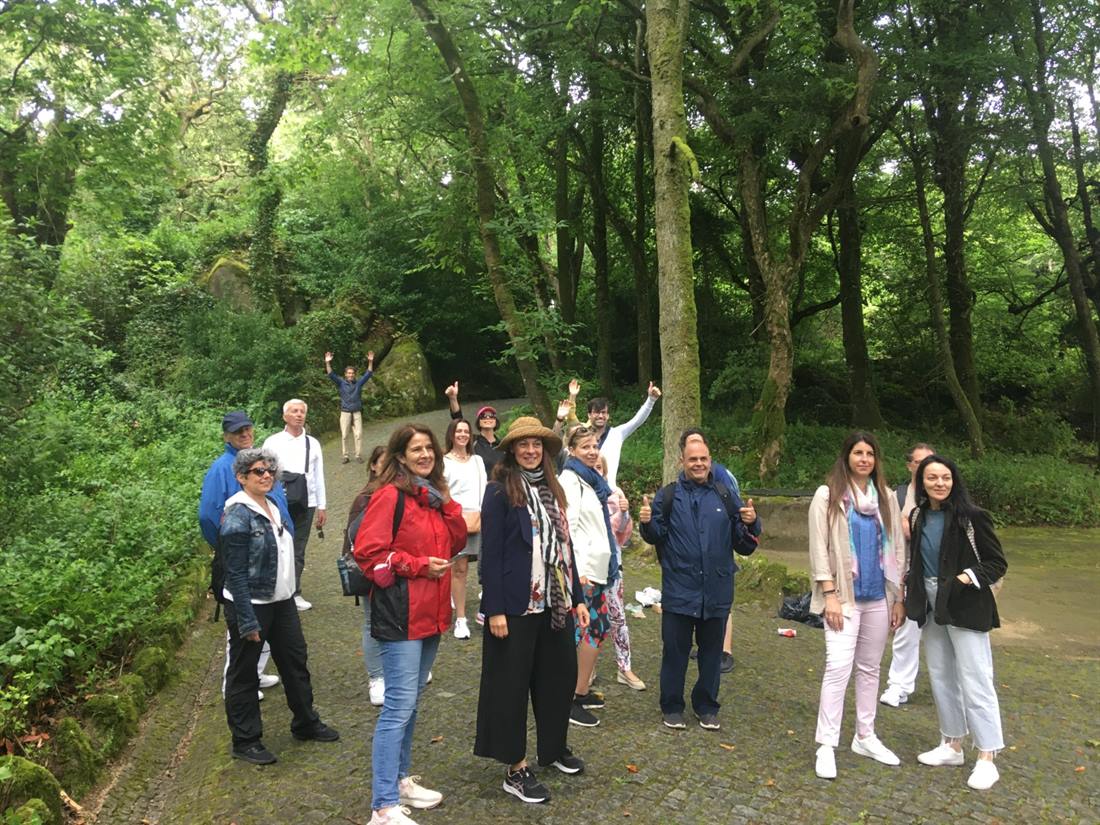 O grupo num passeio a pé por um bosque